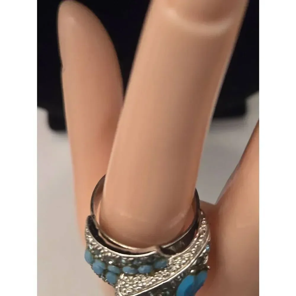 Women's Vintage Size 8.5 Blue Rhinestone & Beaded Adjustable Silver Tone Ring